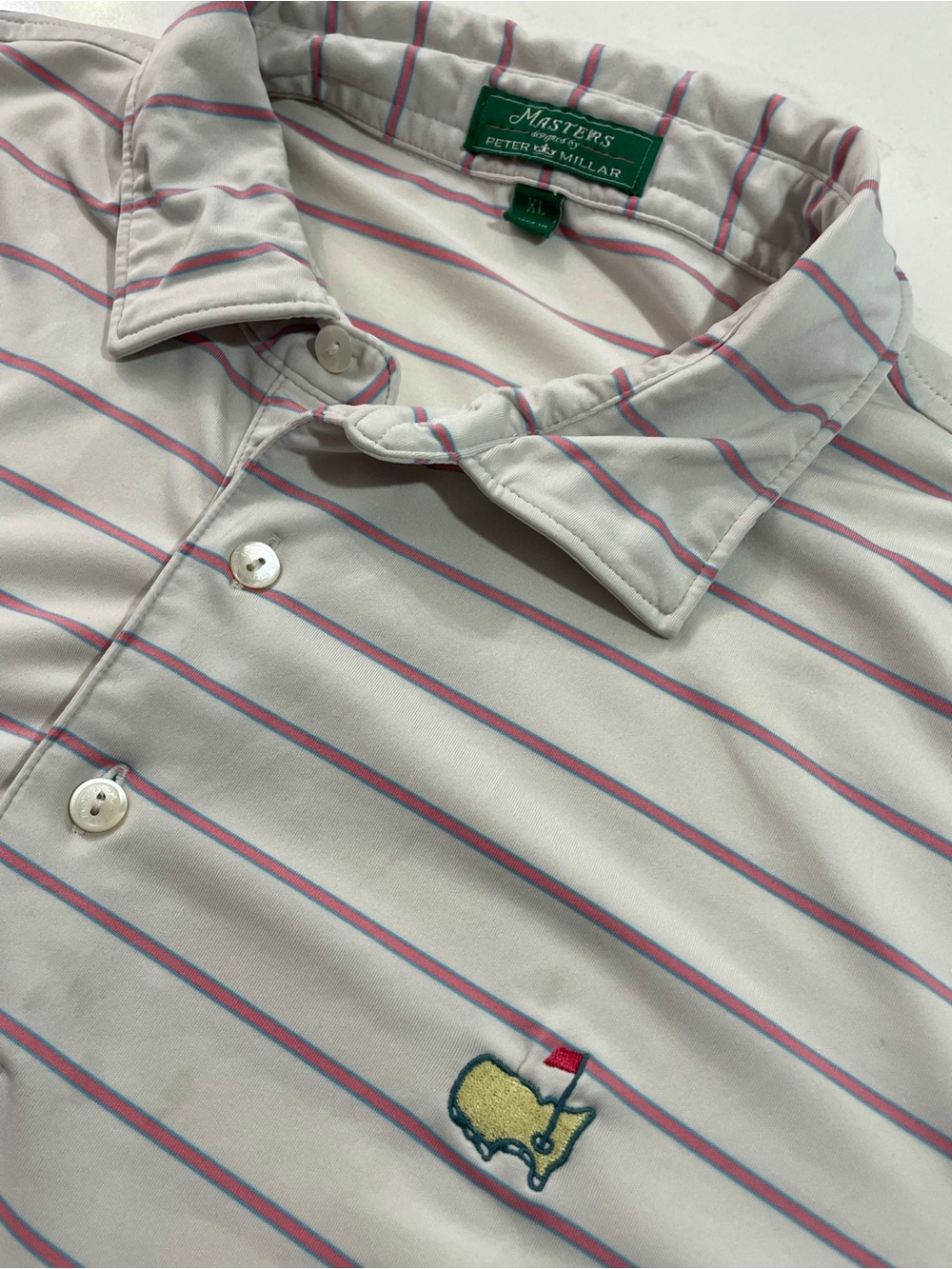 Peter Millar White Polo with Pink & Blue Stripes and Masters Emblem
